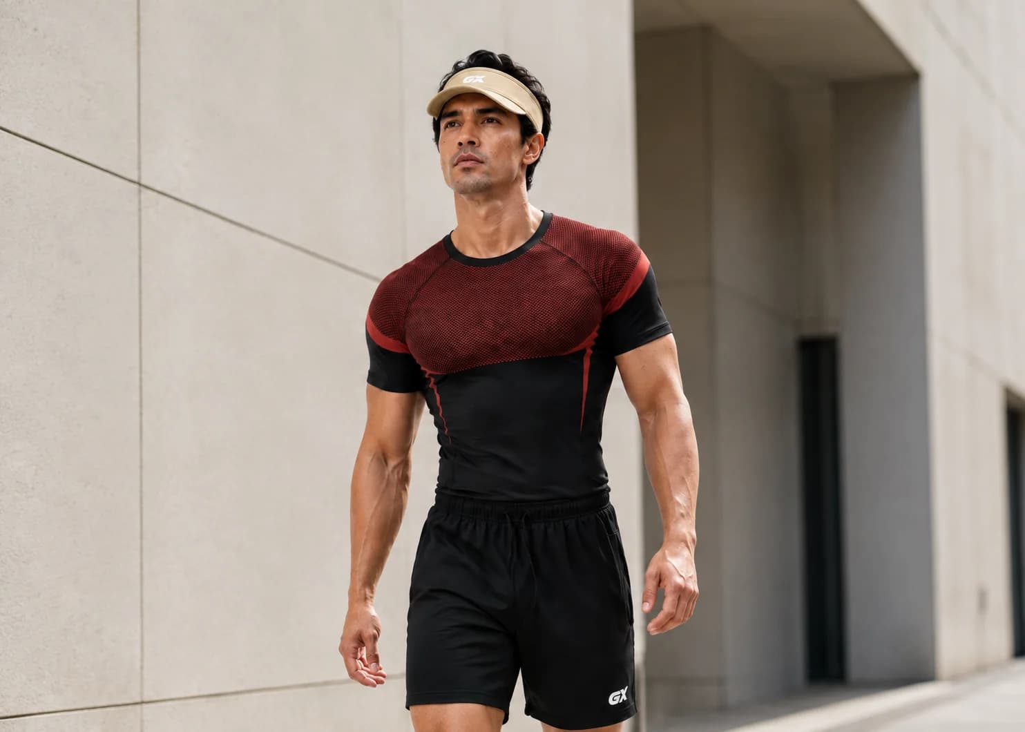 GX men's red and black compression tee with the performance visor
