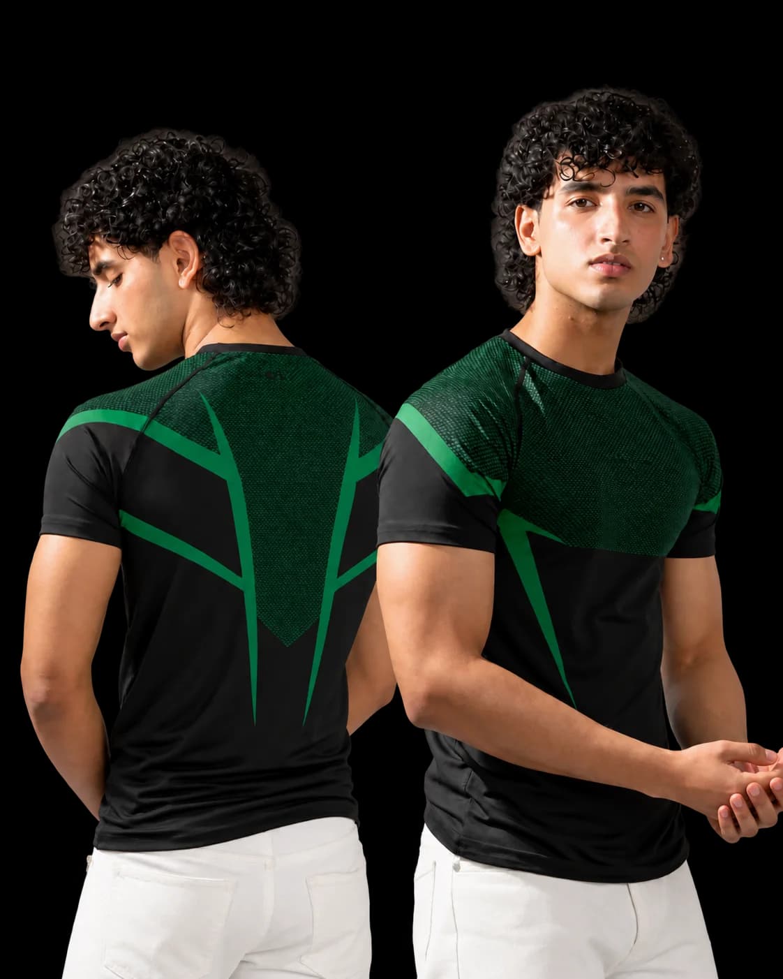 GX Apex Compression Tee in green and black, shown from the back and the front.
