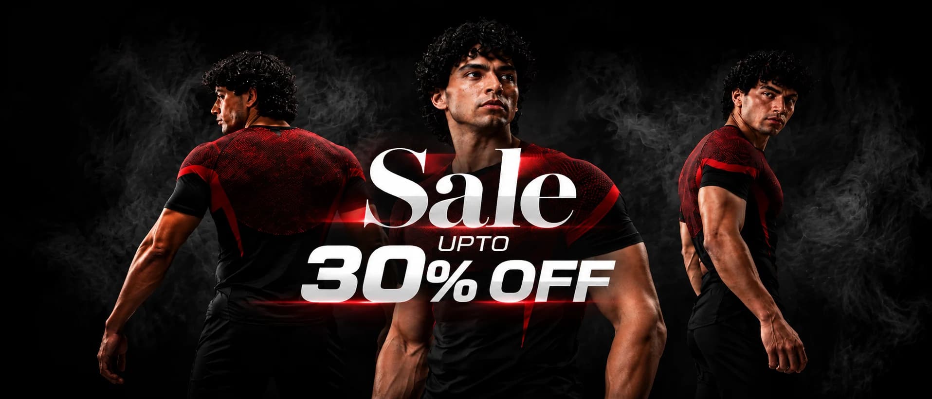 Sale, up to 30% off: the GX men's red and black compression tee in three poses on a dark smoke ground