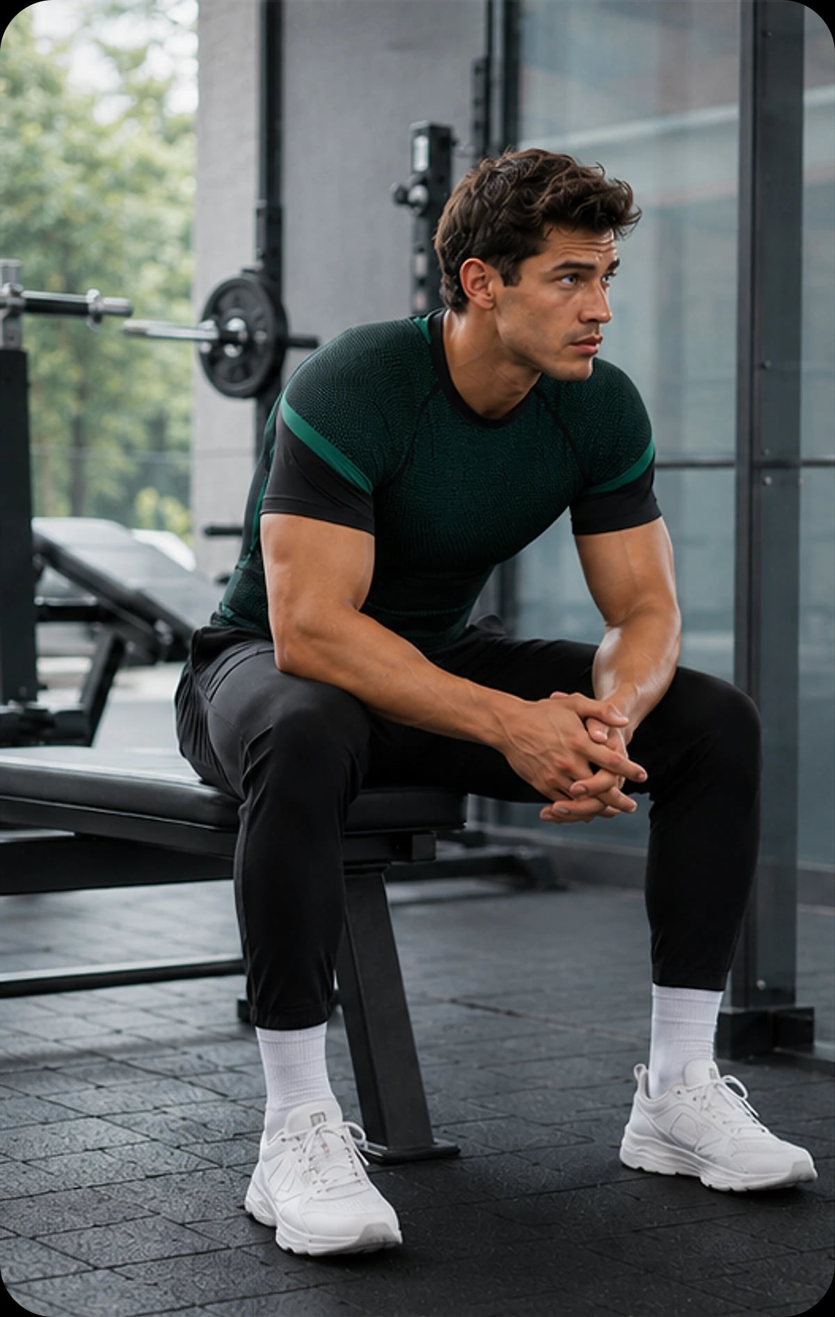 Model in a green knit training tee and black joggers, seated on a gym bench.