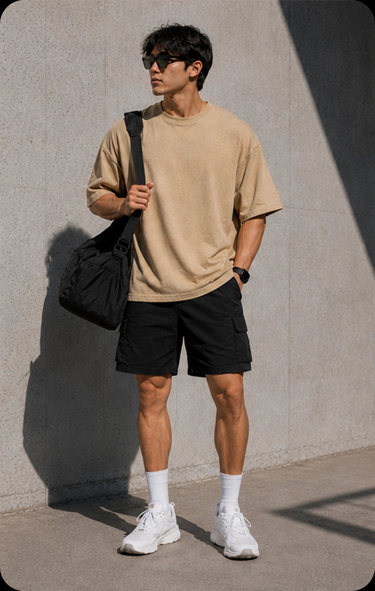 Model in a sand oversized tee and black cargo shorts with a shoulder bag.