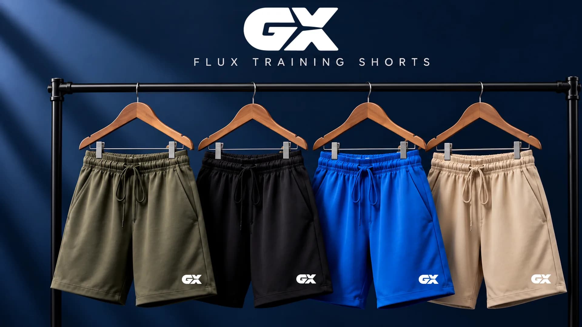 GX Flux Training Shorts — four pairs on wooden hangers along a rail, in olive, black, blue and cream.