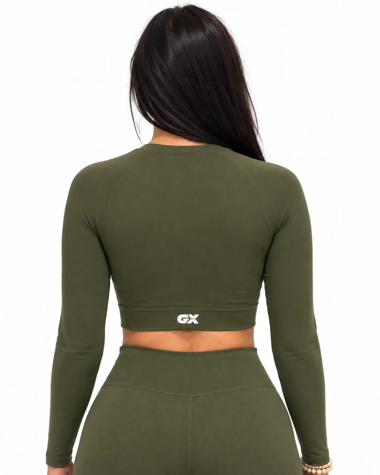 Sculpt Long-Sleeve Crop in Army Green, back view – GX women's t-shirts