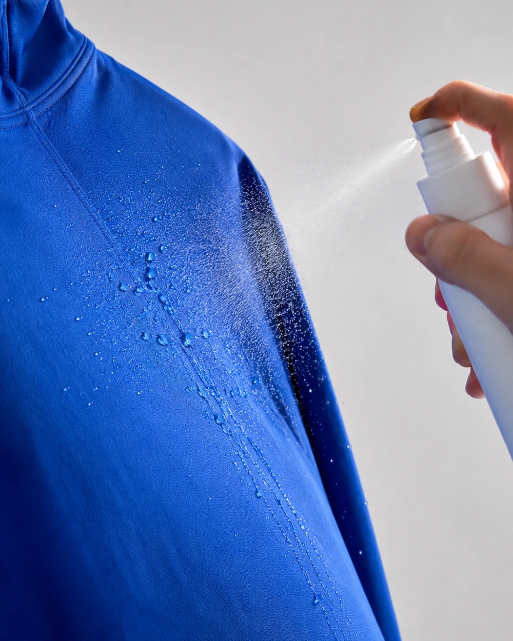 Water sprayed onto a GX sleeve, beading and spreading across the fabric