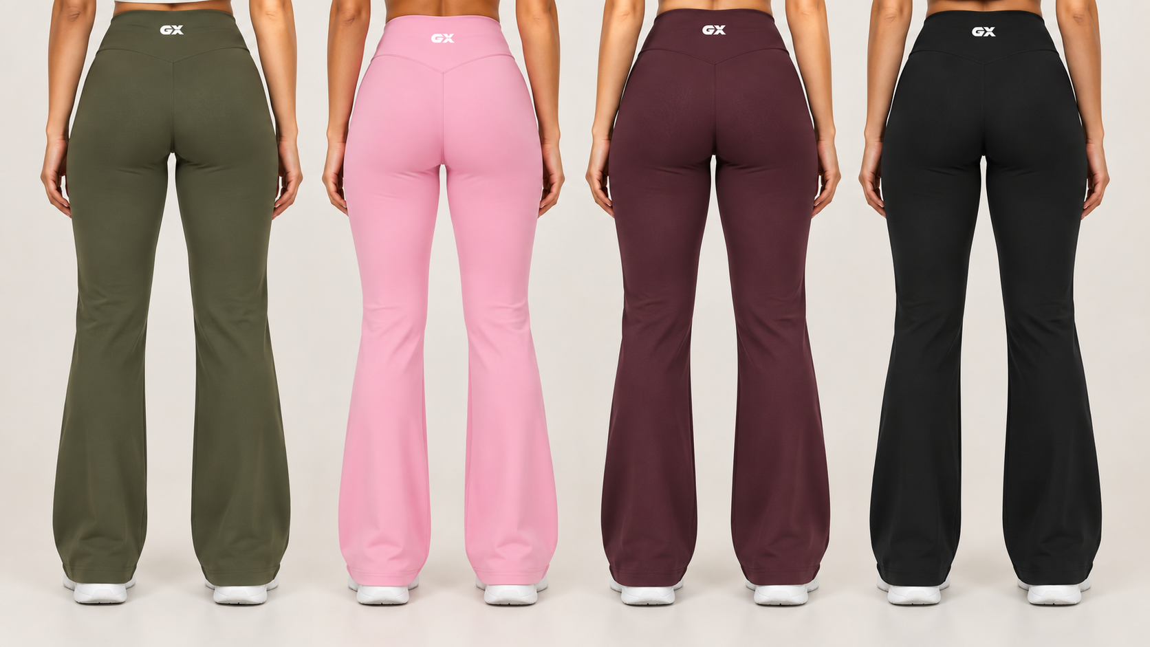 Compression vs normal leggings comparison featuring GX high-waisted flared leggings in olive, pink, burgundy, and black, shown from the back to highlight fit and support.