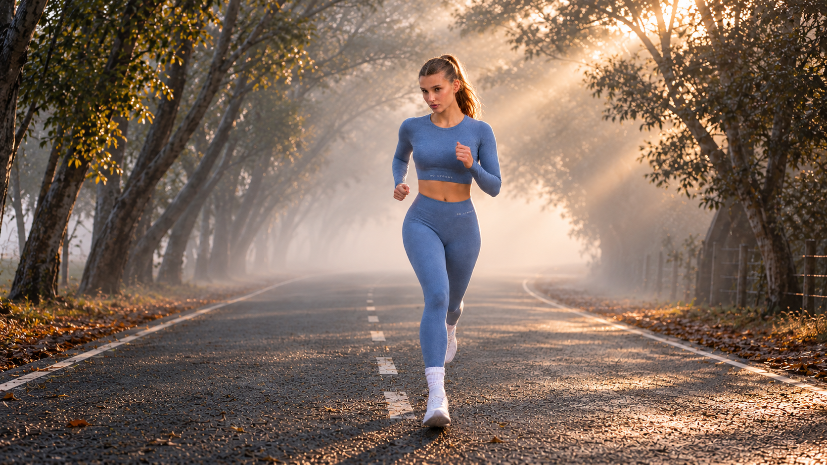 A woman running on a tree-lined road on a foggy winter morning, in a blue long-sleeve crop top and full-length leggings