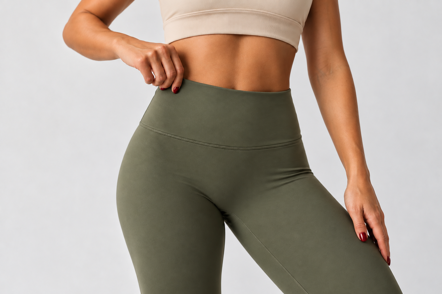 Woman wearing olive green high-waisted Go Xtreme leggings with a beige sports bra, showcasing the stretch waistband and premium activewear fit.